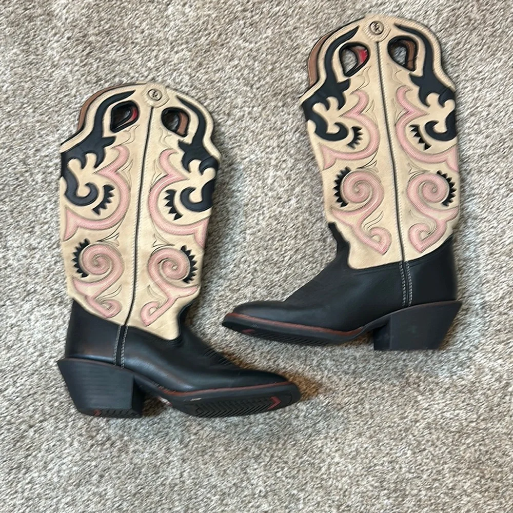Tony Lama Black and Cream Western Heeled Boots with Pink Accents - Picture 1 of 2